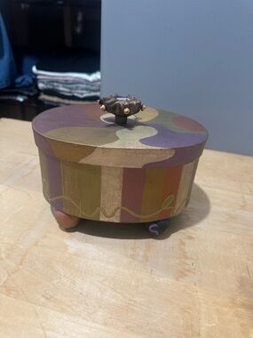 Decorative Hand-Painted Footed Trinket Box in Olive, Purple & Gold Tones